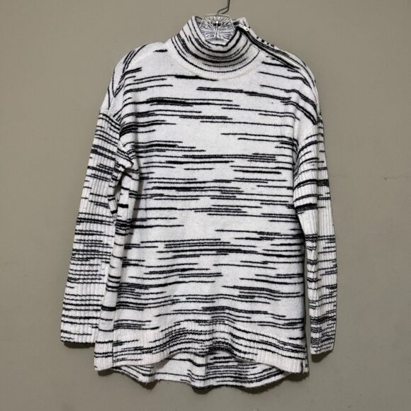 T by Talbots Cozy Black White Stripe Funnel Neck Sweater – Size S - Picture 1 of 5
